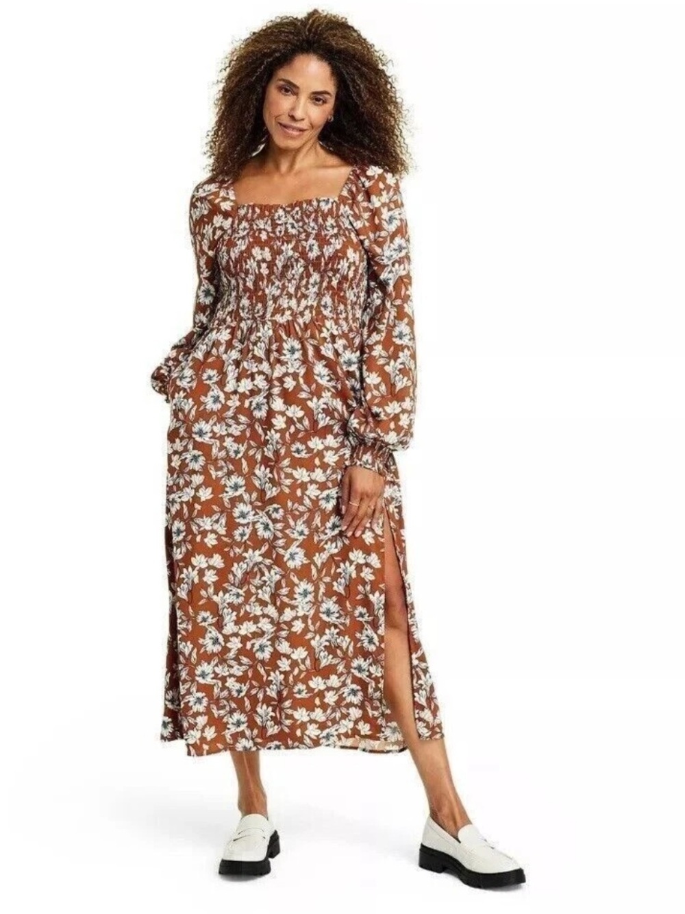 1X LA LIGNE Smocked Square-Neck Floral Maxi Dress - Brown